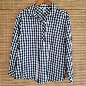 Lulu-B Long Sleeve Gingham Pullover Collared Blouse, Navy Blue and White Size L